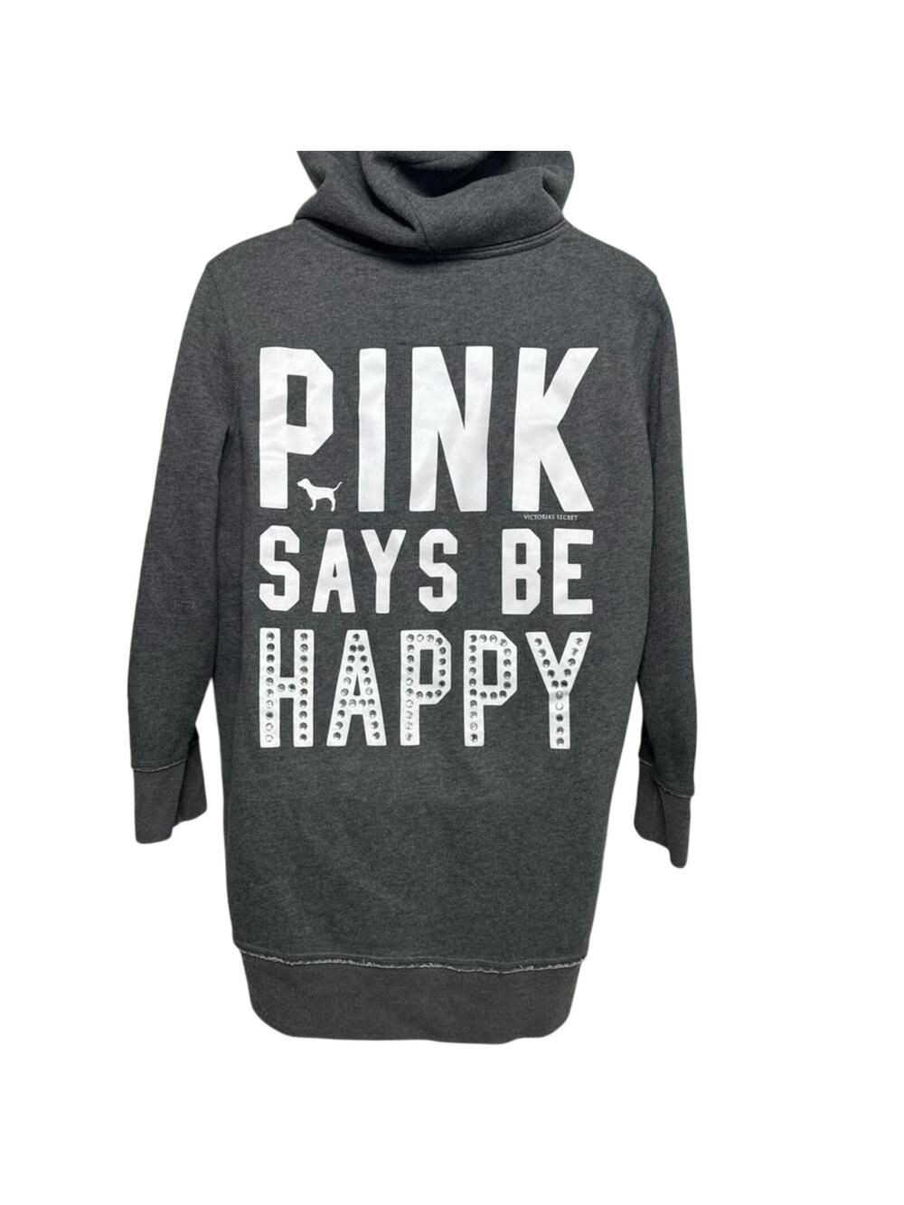 VS PINK Says Be Happy Bling Rhinestone Charcoal Gray Fleece Hoodie Dress Size M